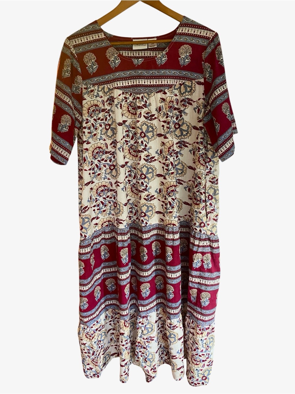 Vermont Country Store Burgundy and Cream Floral Maxi Dress - Relaxed Boho Style